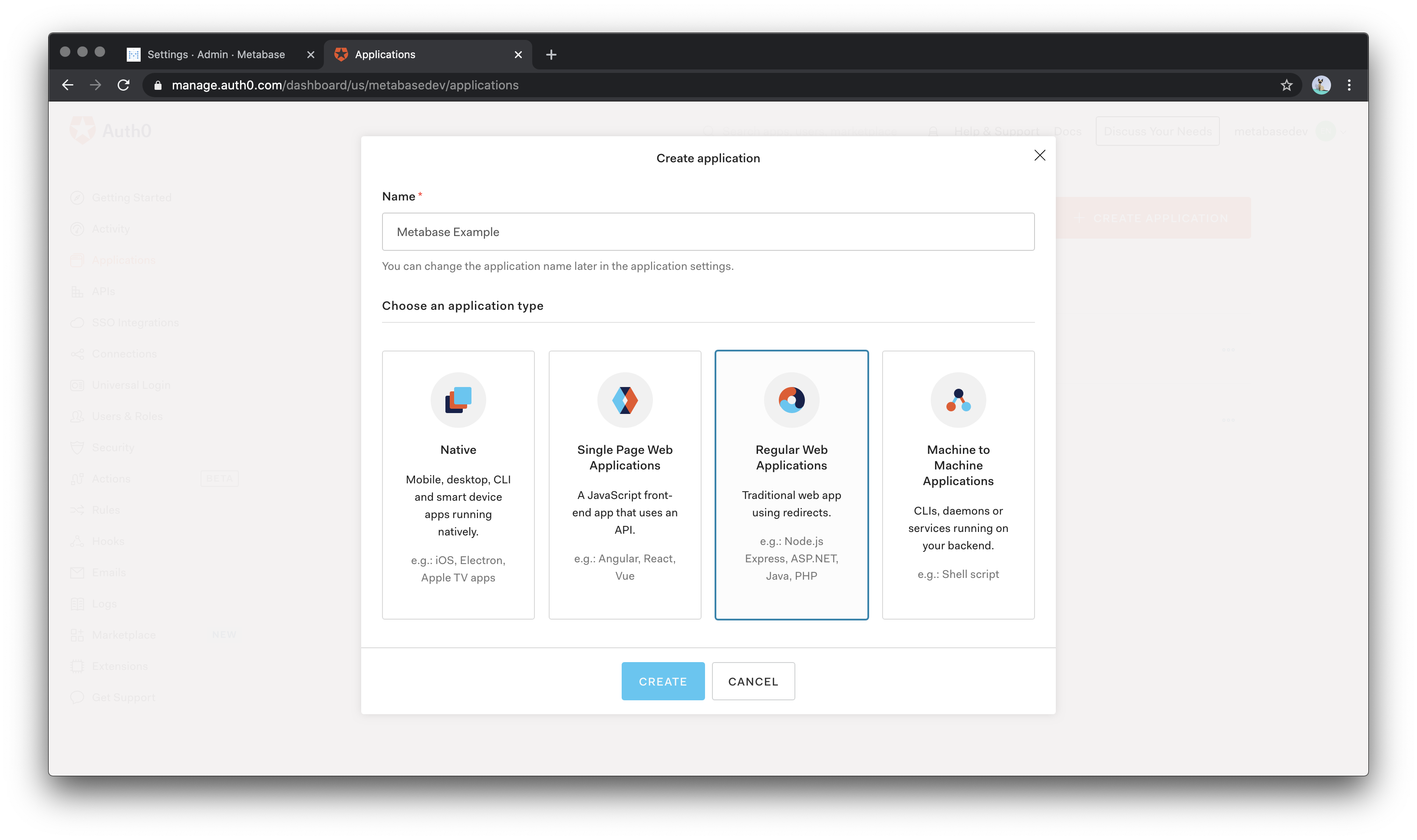 Выбор приложения Auth0