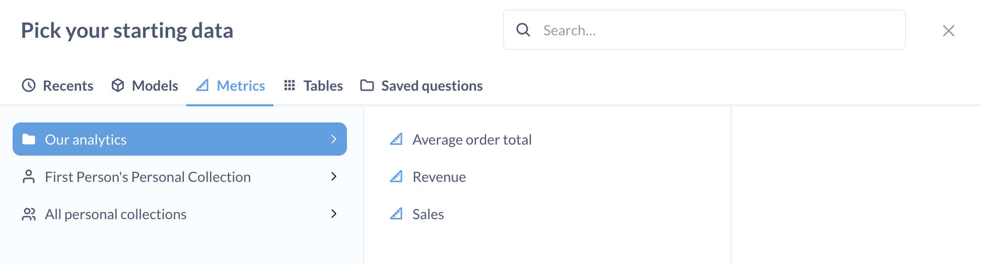 Вкладка "Метрики" в диалоге выбора сущностей