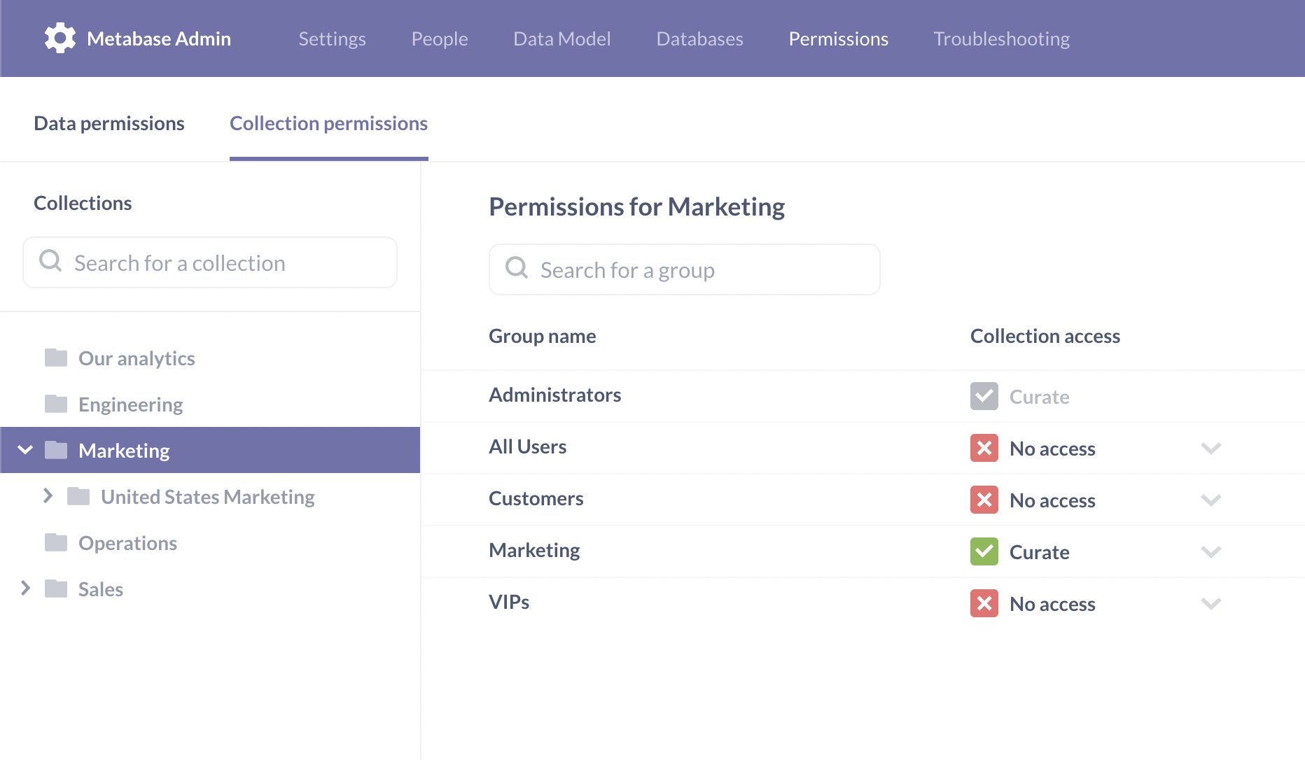 Настройки коллекций в Управлении