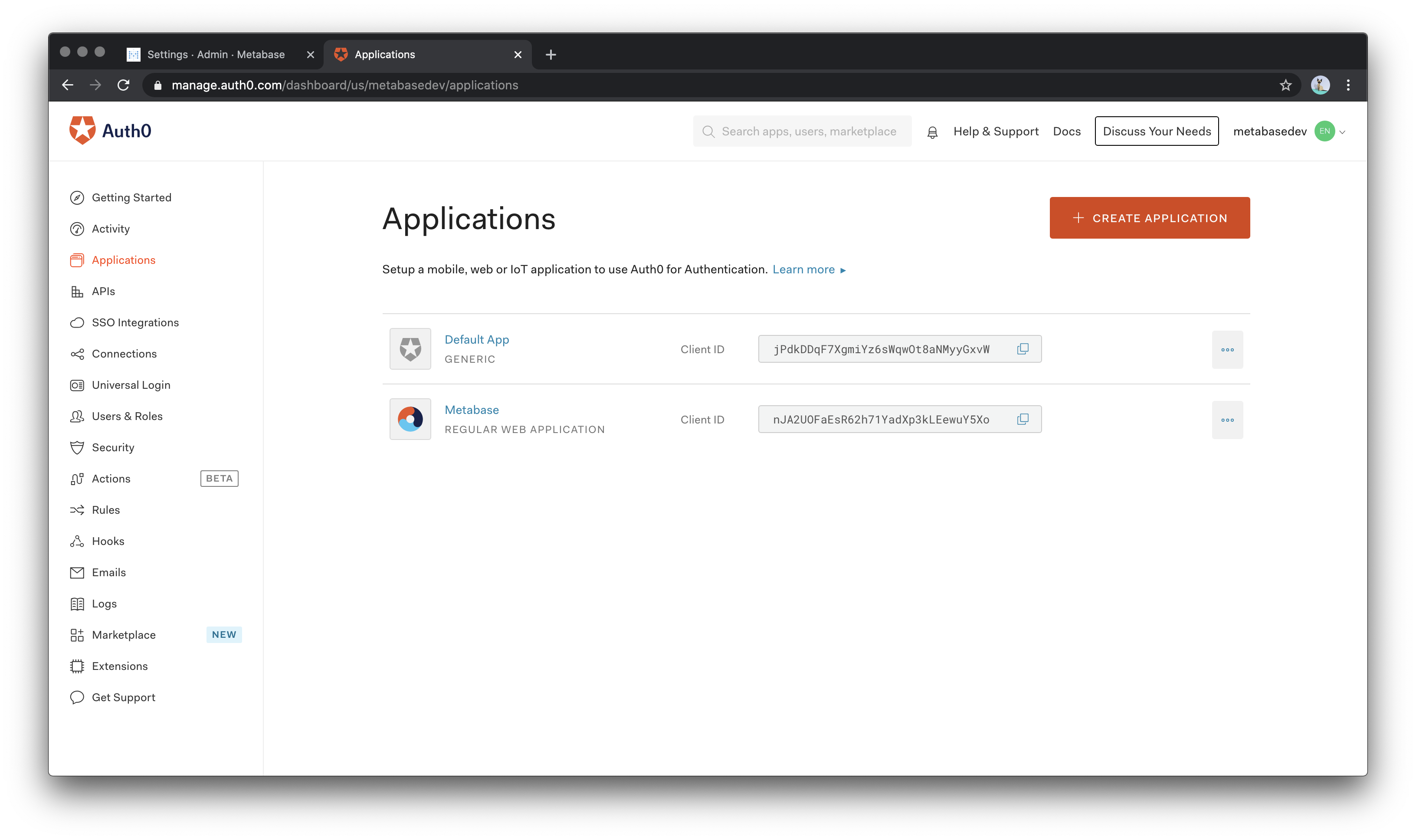 Страница приложений Auth0